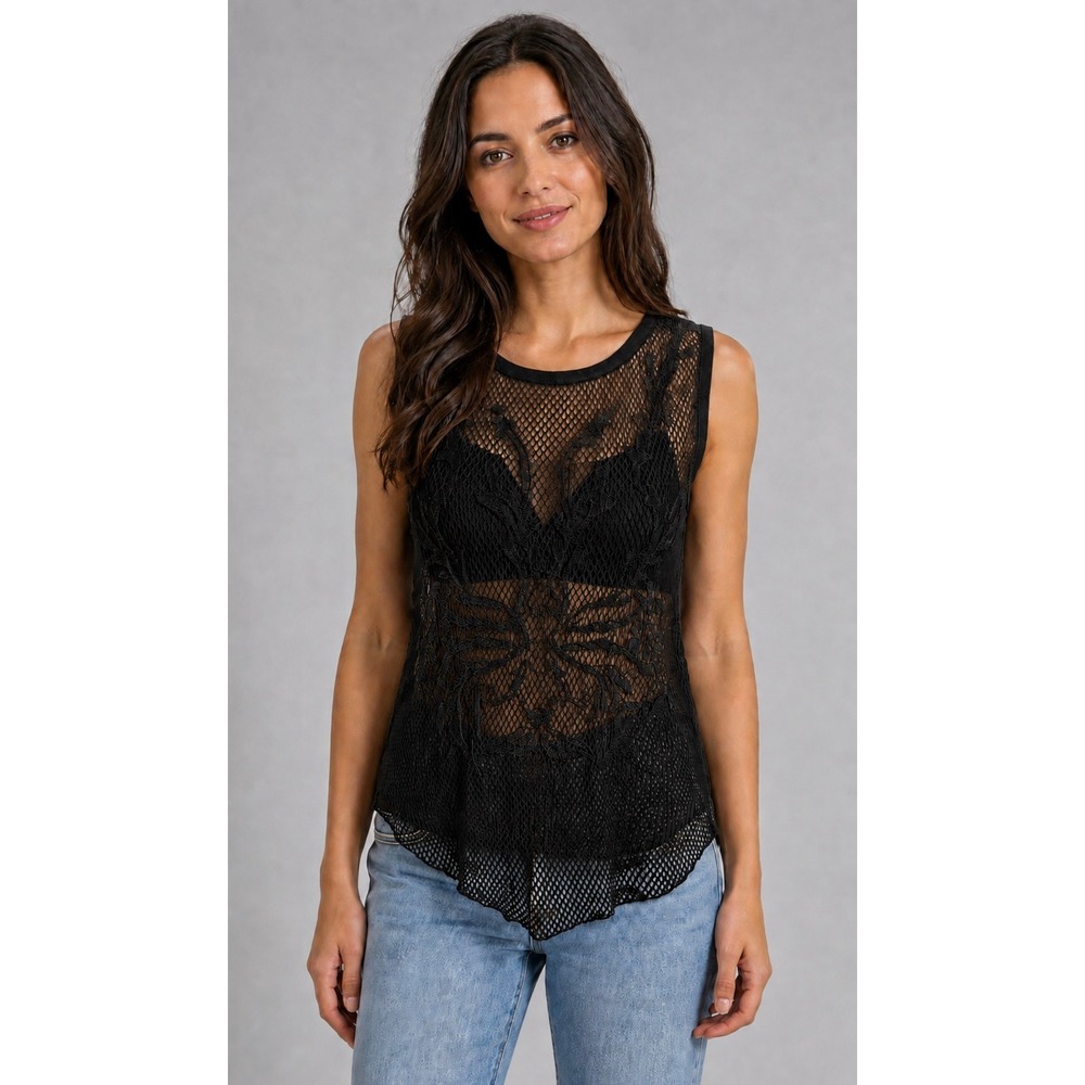 Trouve Nordstrom Black Embroidered Mesh Layered Tank Top Sleeveless XS